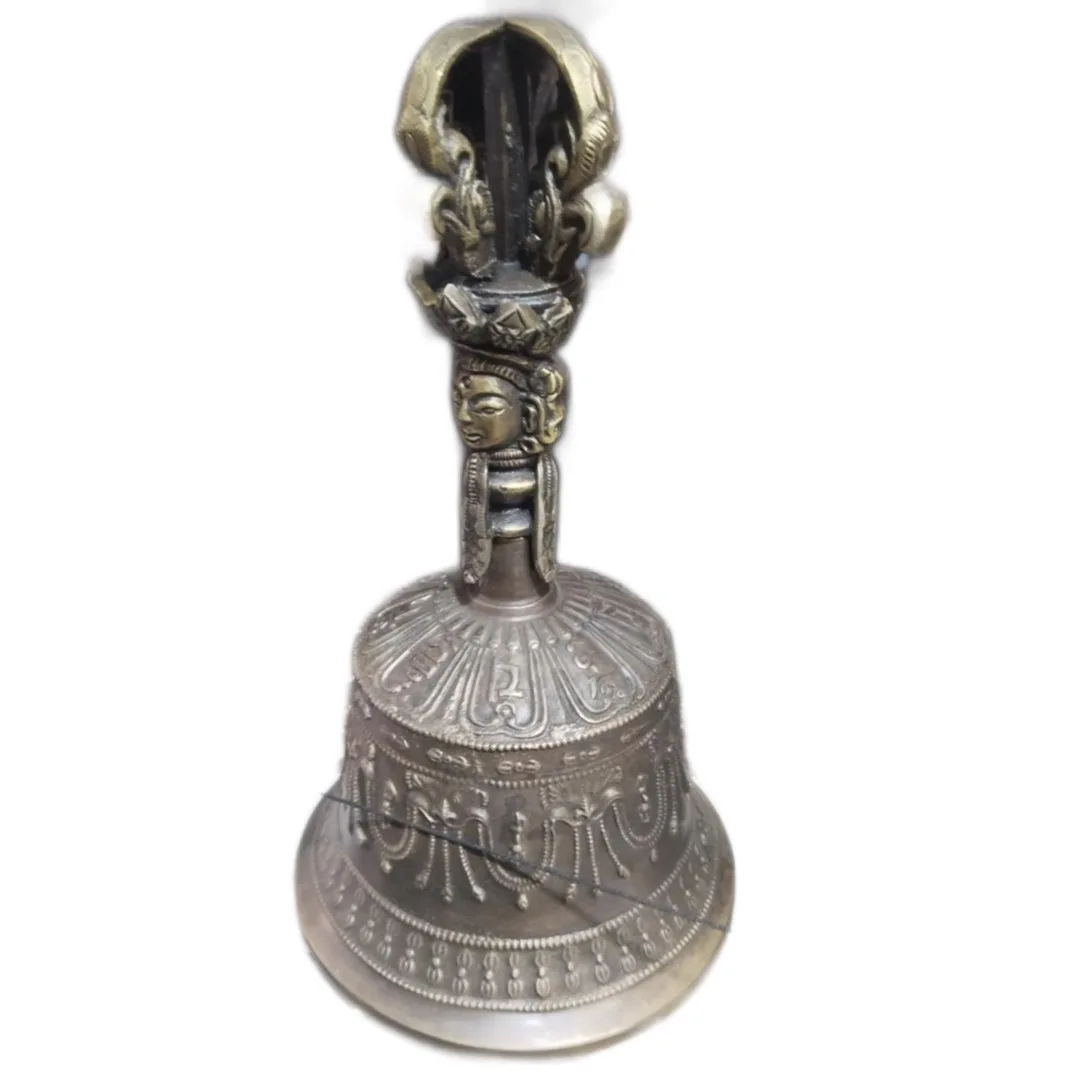 Antique Bronze Buddhist Ritual Bell Metal Craft Model with Religious Engraving Carved Buddhist Theme Religious Gift