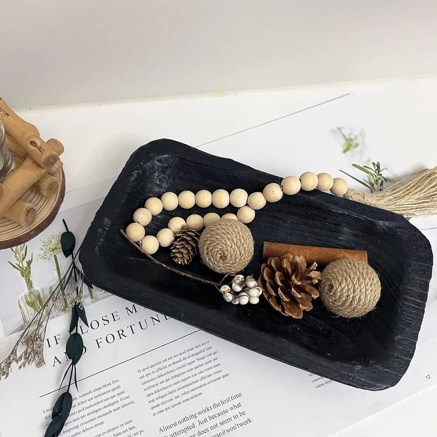 Decorative Rustic Black Wooden Dough Bowl Hand Carved Wood Tray For Dinning Table Centerpiece Decor And Home Accessories