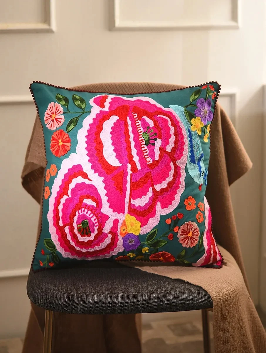 Indian Luxury Home Hand Embroidered Floral Pillow Cushion Cover Sky Blue Cotton Silk Living Room Hotel-Wholesale Home Decor Red