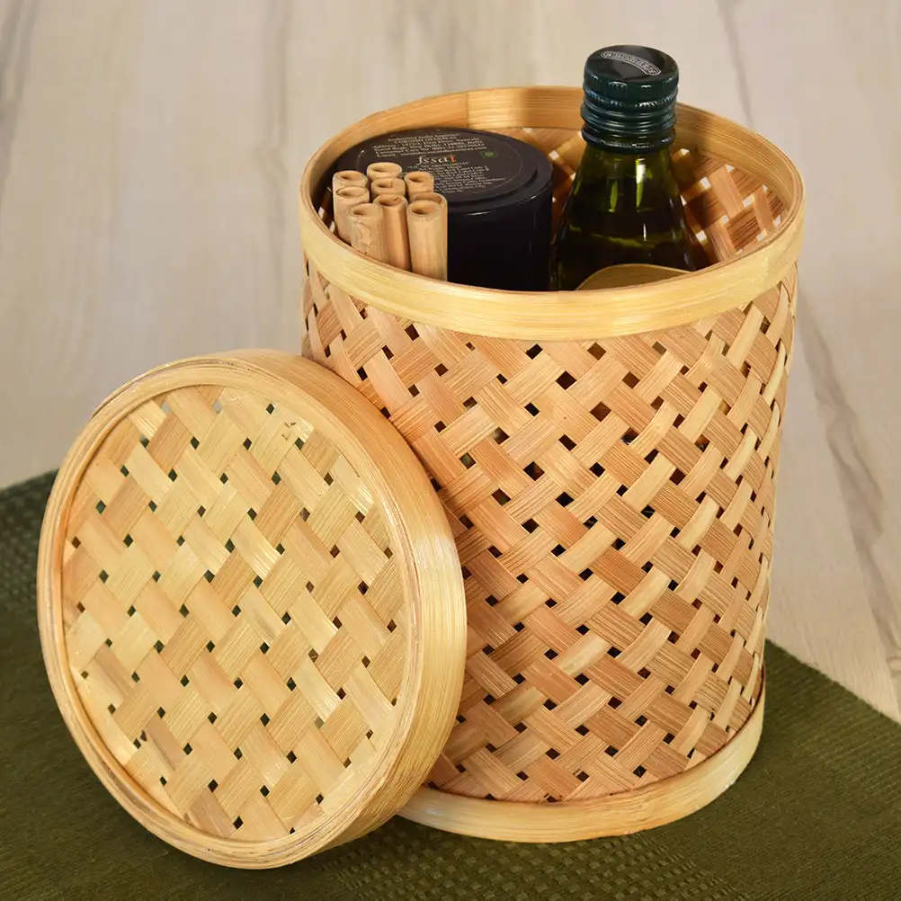 NEW ITEM Handwoven Round Natural Bamboo Boxes with Lid | Eco-friendly Storage Boxes $ Bins for Home Hotel Restaurant