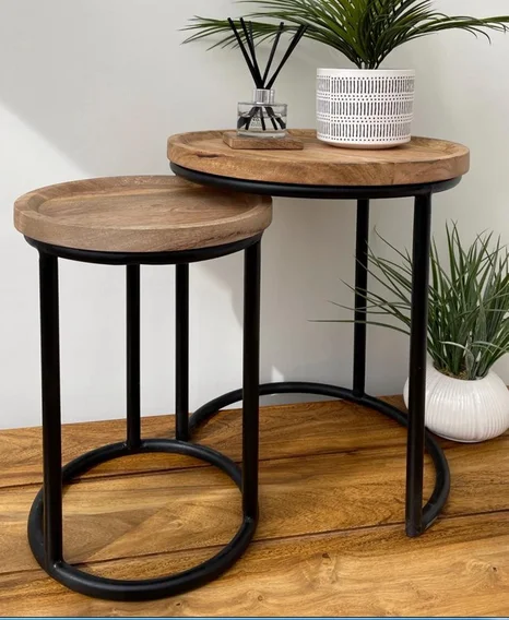 Wooden Top Metal Side Table Set Of Two Creative Stylish Fancy Table Customized Shape And Size Decorative Metal Side Table