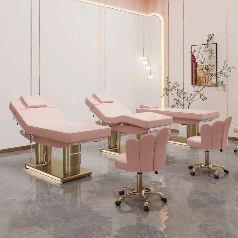 Pink leather metal gold double stainless steel base beauty massage bed