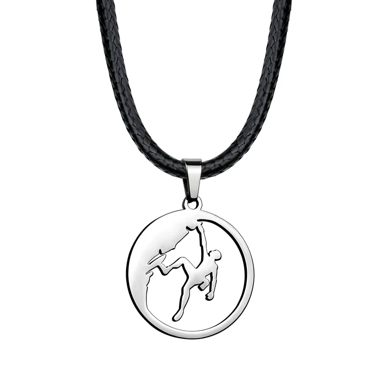 Designed Hollow Round Rock Climber Boy Pendant Climbing Jewelry Necklace Stainless Steel Thick Leather Cord Necklace For Men