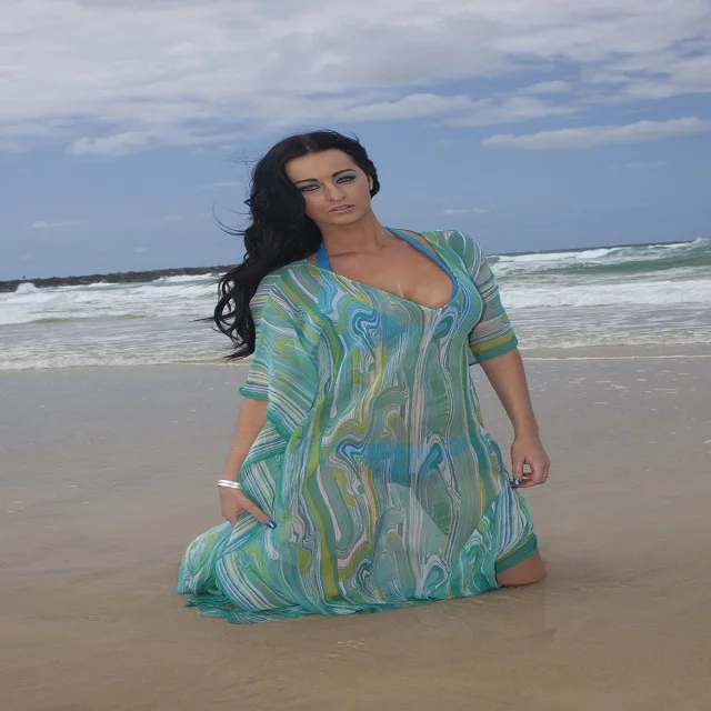 Sky Blue Kaftan with Waves Print Deep V Front Neckline Half Sleeves Mini Length-Sustainable Fitness Swimwear