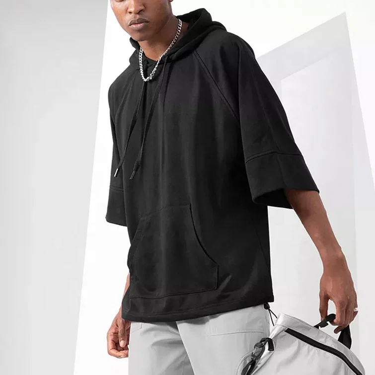 custom logo plain solid 100% organic cotton lightweight half short raglan sleeve pullover oversize hoodie men