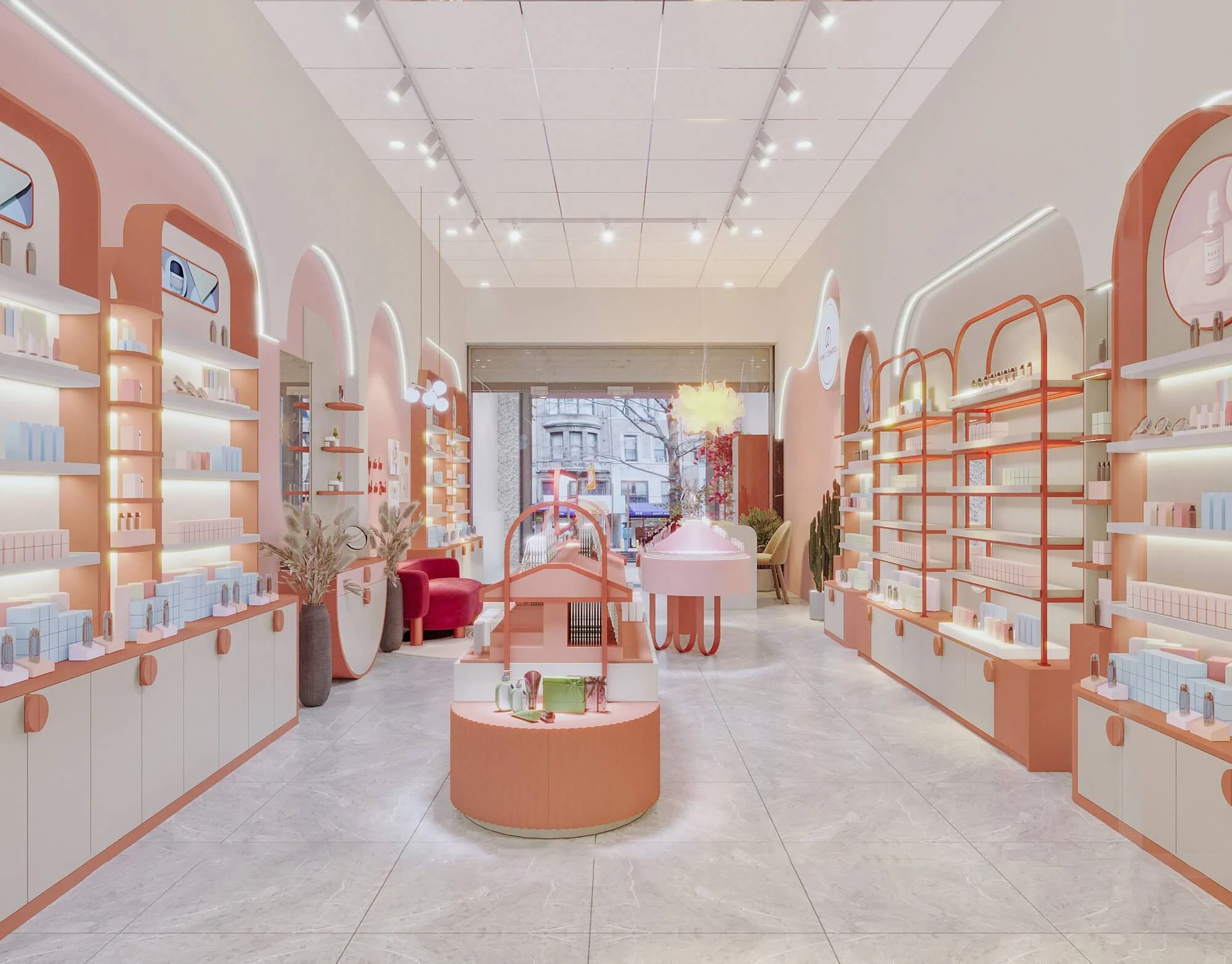 Заводская витрина изготовленная на заказ розового магазина дизайн интерьера под идеи декорирования косметический витринный шкаф магазин