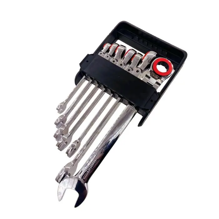 7 PC, MAGNETIC FLEXIBLE COMBINATION REVERSIBLE RATCHET WRENCH SET.