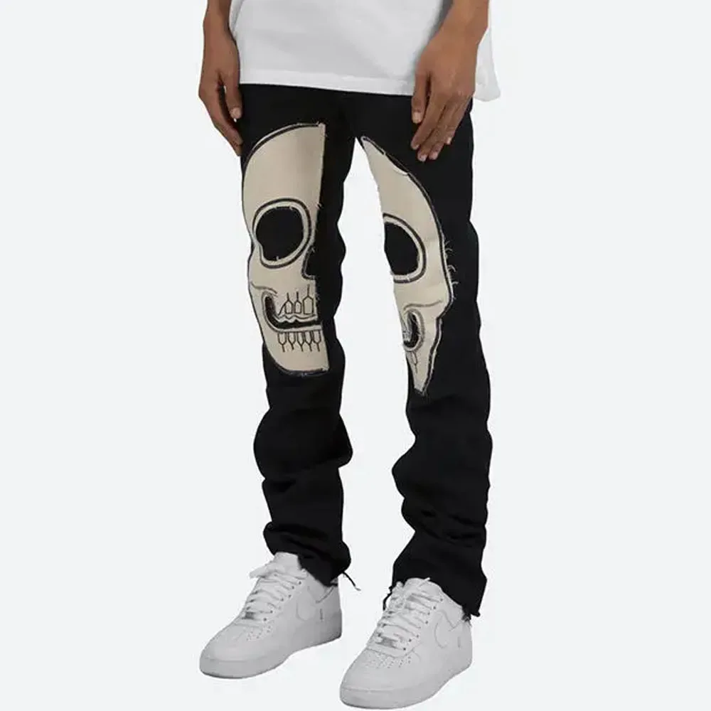 High Street Hip Hop Custom Jeans Skeleton Straight Denim Black Washed Slim Fit Stacked Denim Jeans Pant For Men