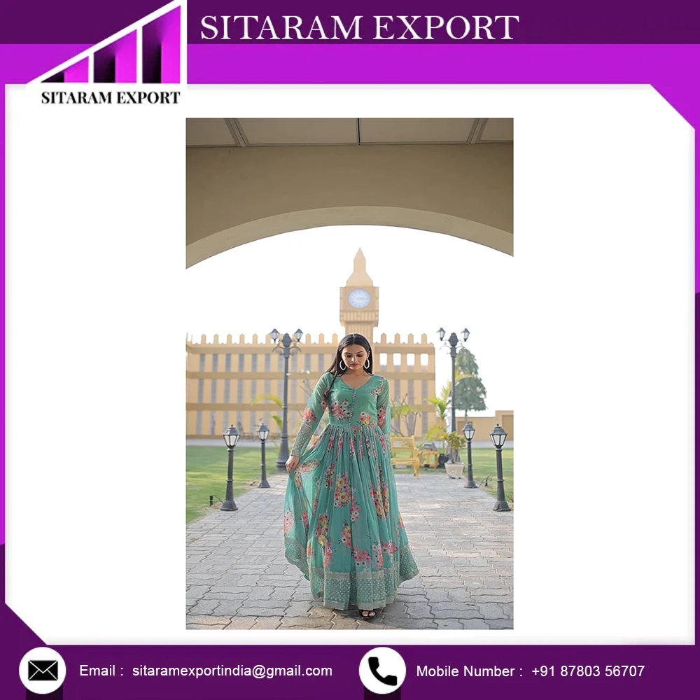 Luxury Clothing Designer Gown High Quality Faux Georgette Floral Printed Made by Zari-Thread & Sequins Embroidery