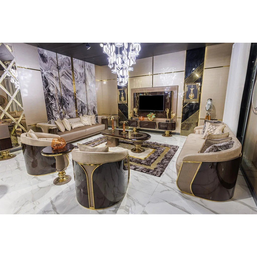 Italian Style Turkish Luxury Royal Hand Made Meuble Sofa Set Living Room Furniture Gold Metal Glossy Contemporary Round Wood