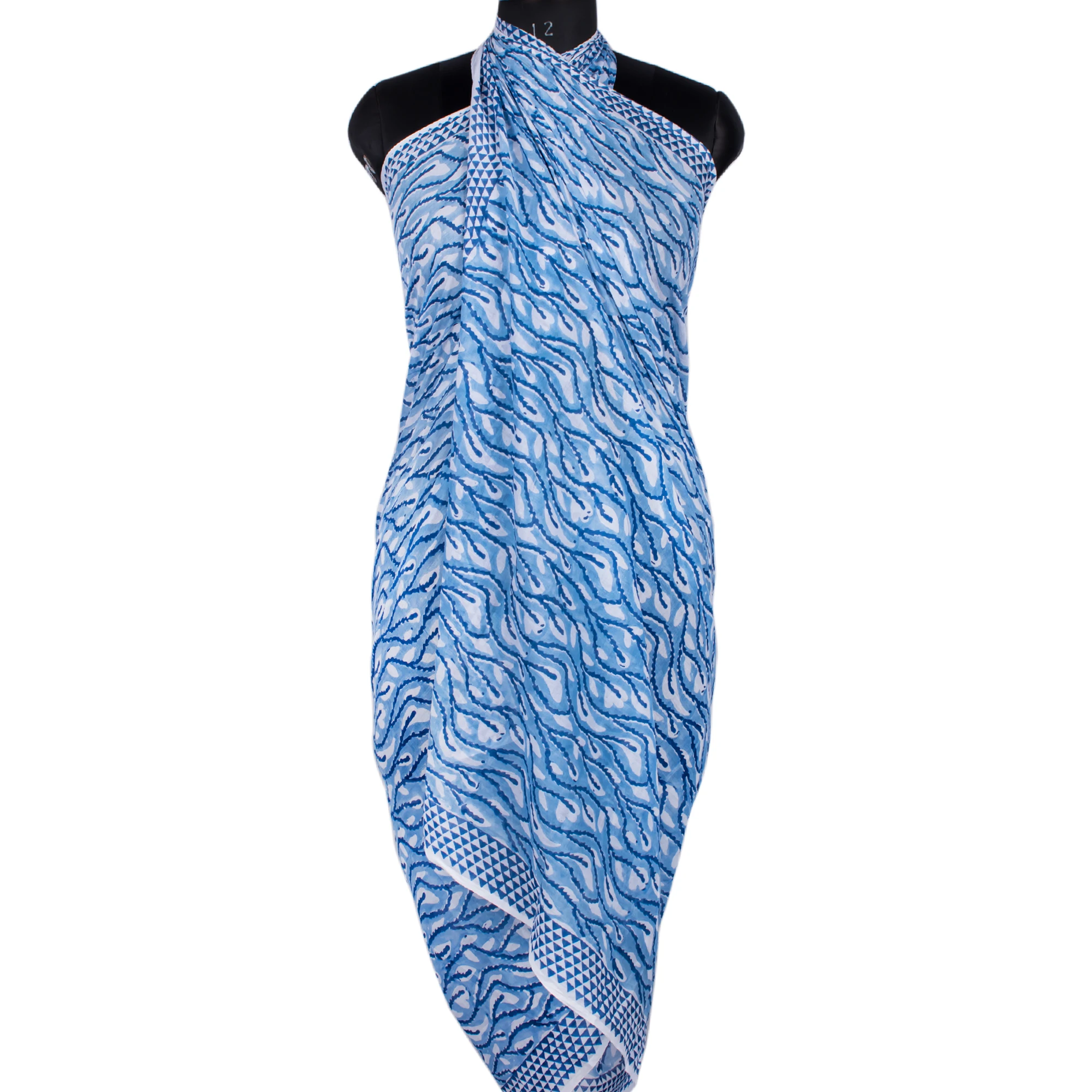 Wholesale Fashion Light Weight Cotton Voile Scarf Indian Hand Block Printed Beach Cover Sarong Sky Blue Pareo Scarves Wholesale