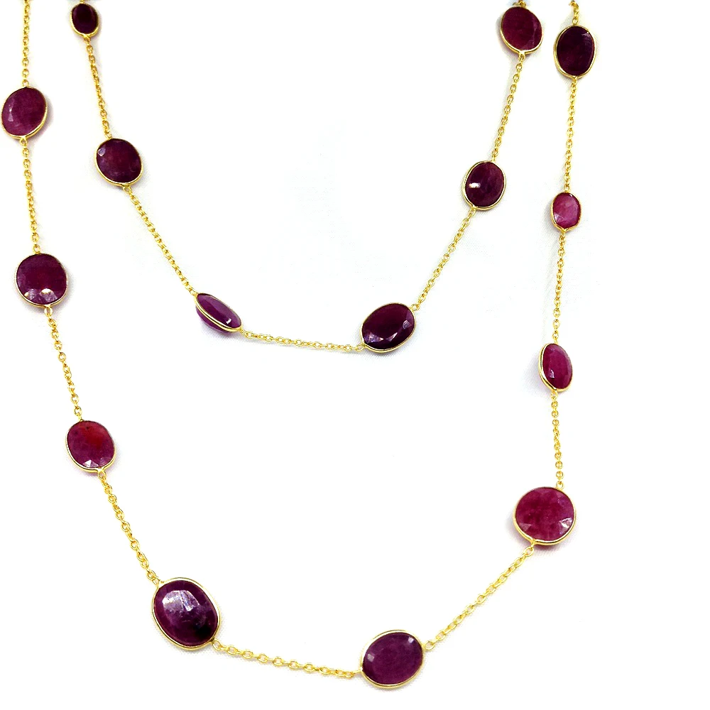 Everyday Wear 925 Sterling Silver Affordable Low MOQ Jewelry Supplier Ruby Gemstone Long Chain Necklace