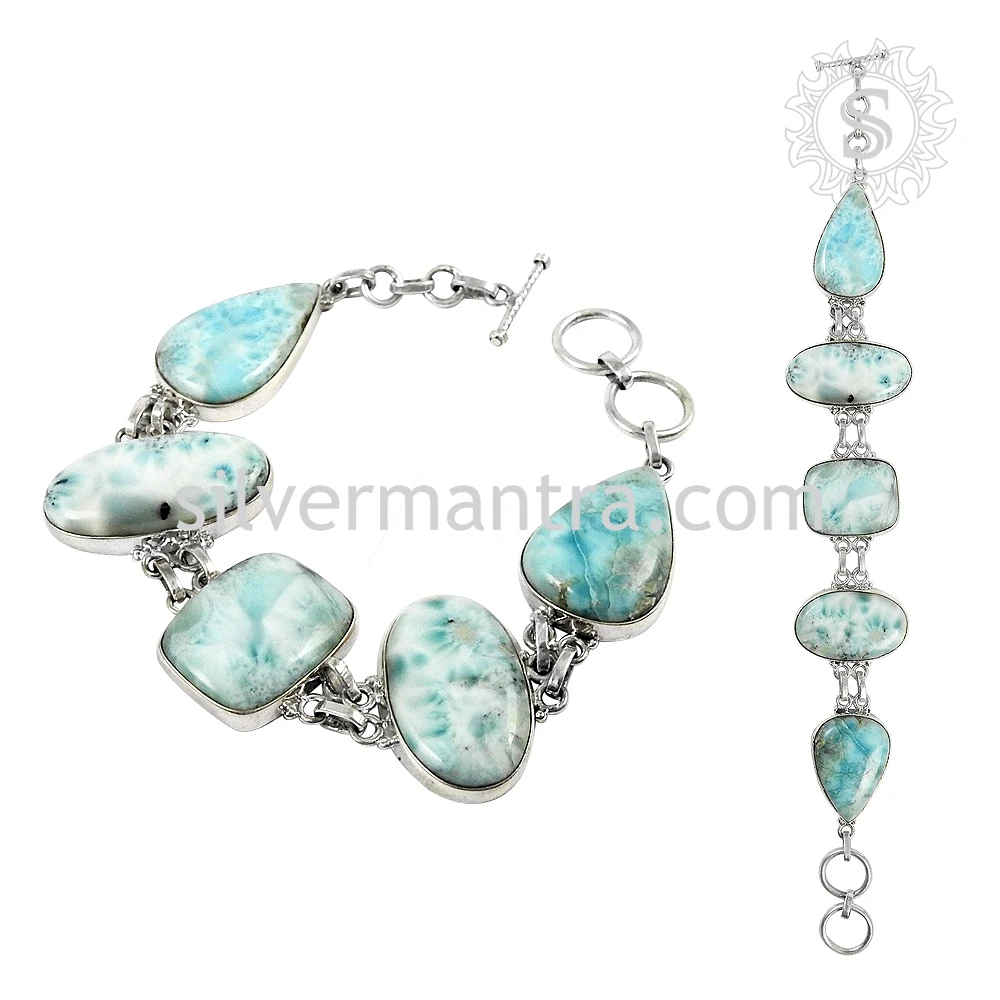 Classic Style Big Stone 925 Sterling Silver Natural Larimar Gemstone Cabochon Shape Bracelet Handmade Jewelry Wholesale Supplier