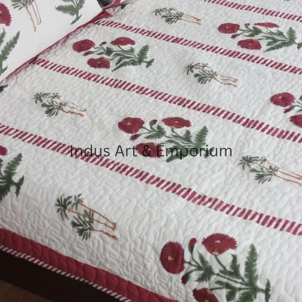 Red Poppy flower hand block printed kantha bedspreads cotton quilted bedcover