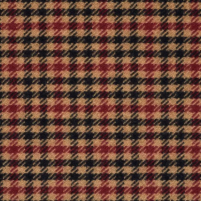 Available Now! Heavy Weight Wool Fabric for Outerwear. Houndstooth Print Heavy Wool: Red & Blue Checkered Design on Beige.