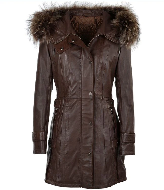 High Quality Genuine Leather Ladies Trendy Long Coat with Fur Look Multiple Pockets Zipper Women Jackets