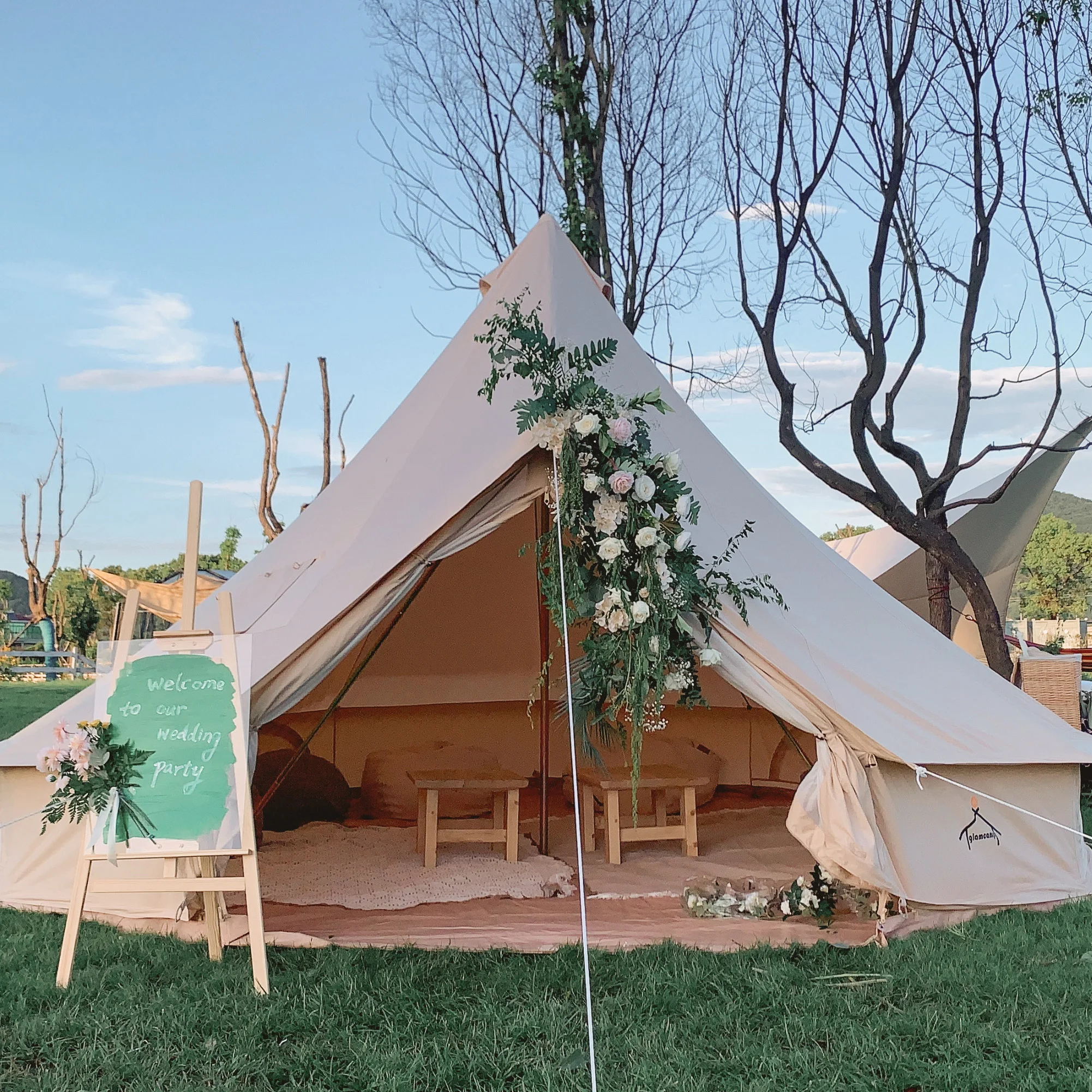 Luxury cotton canvas mongolia style tent sahara bell tent 4m glamping outdoor camping fashionable tent