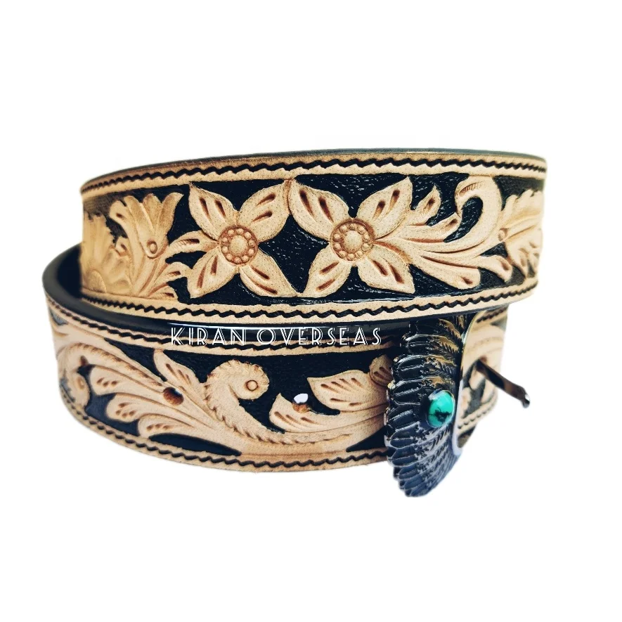 Western Floral Engraved Hand Tooled Full Grain brazilian cow Leather Genuine Leather Belt handmade