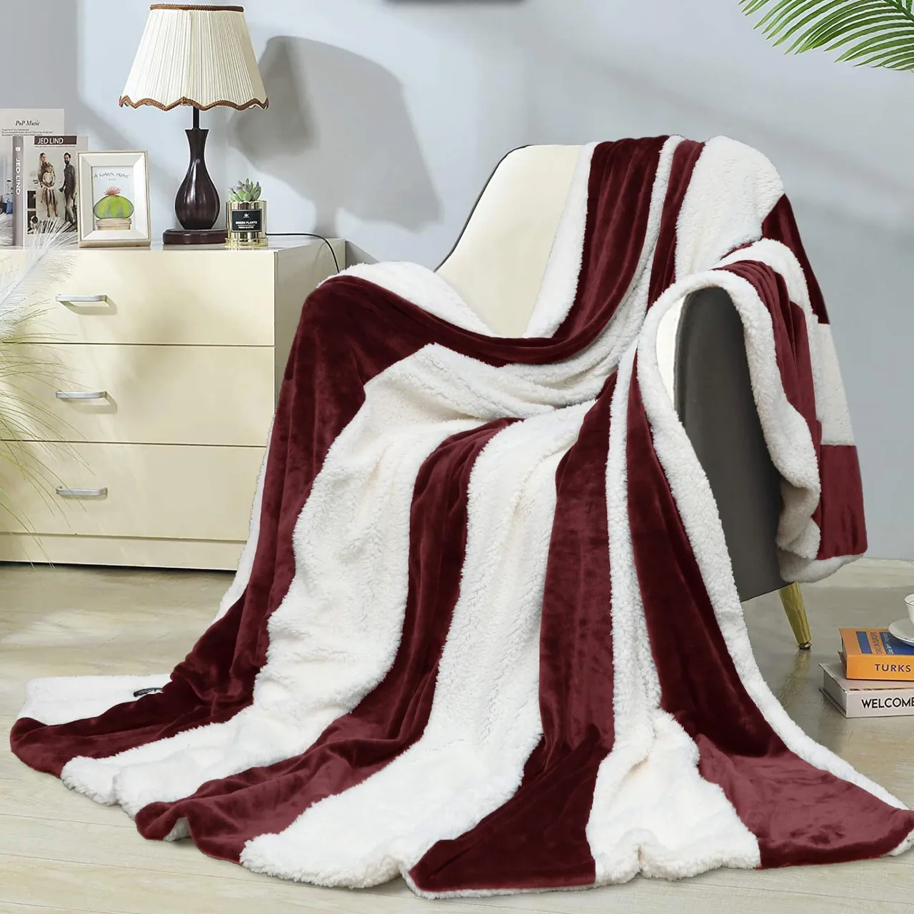 Ultra Soft Striped Fleece & Sherpa Blankets in Deep Red Luxury All-Season New Design Customizable Throws King Queen Double Sizes
