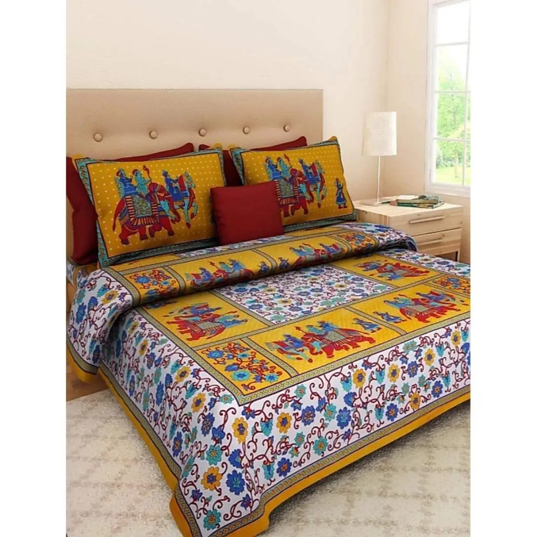Rajasthani Jaipuri Traditional Sanganeri Print 144 TC Cotton Double Size Bedsheet with 2 Pillow Covers