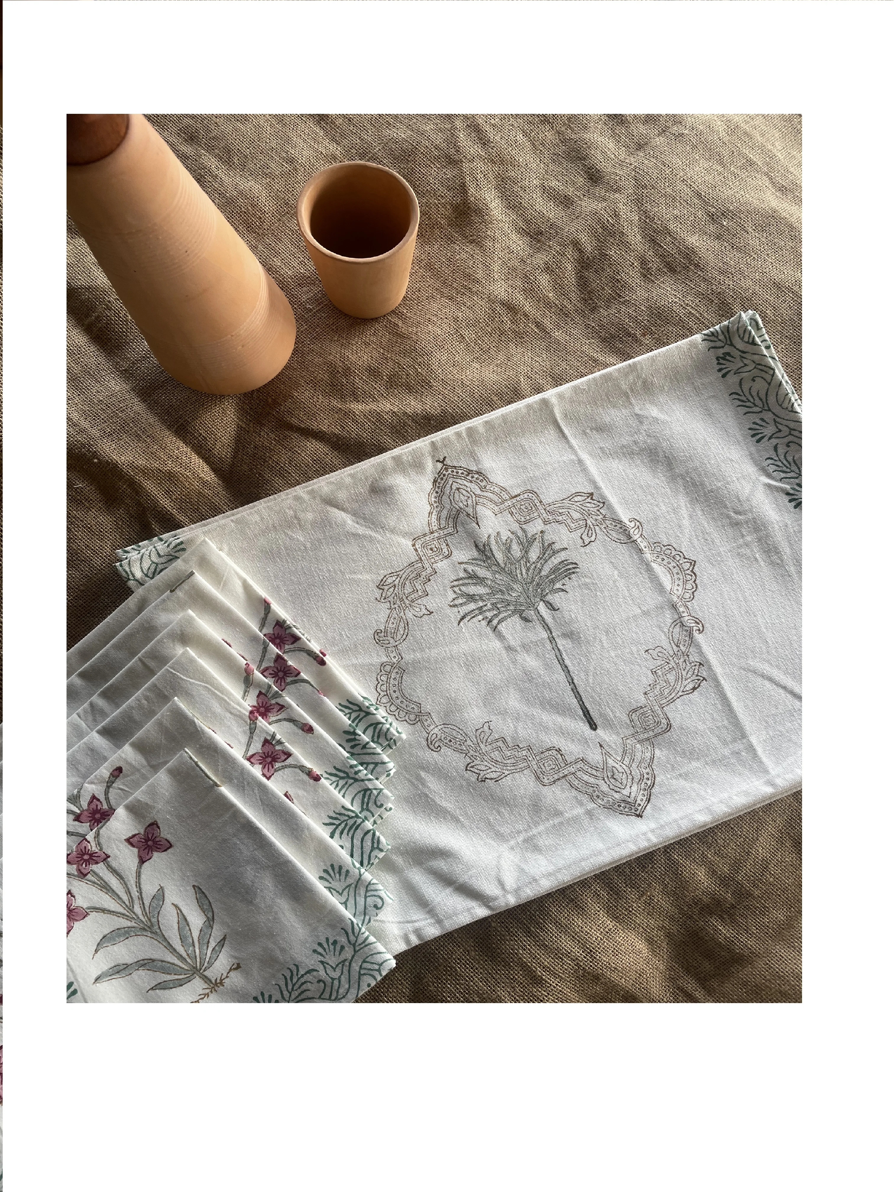 Export Quality Floral Hand Block Printed Cotton Canvas Floral Printed Table Mats & Napkin Set of 6 Napkins & 6 Mats