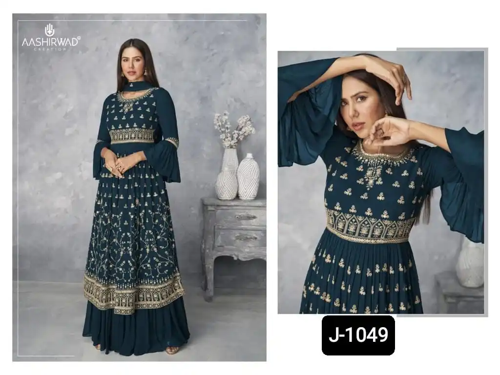 Indian Ethnic Wear Heavy Faux Georgette with Embroidery Cotton Thread with Badla Work Full Flare Gowns for Women Wear Clothes
