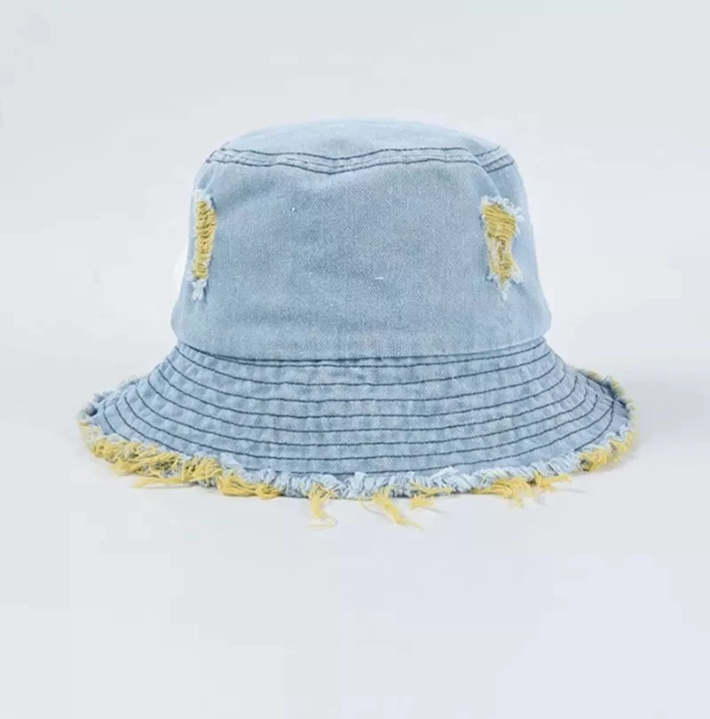 Wholesale Ladies Bucket cap and hat Fashion For Womans Two Colour Frayed Brim Worn Out Design Cool Denim Jeans Bucket Hat