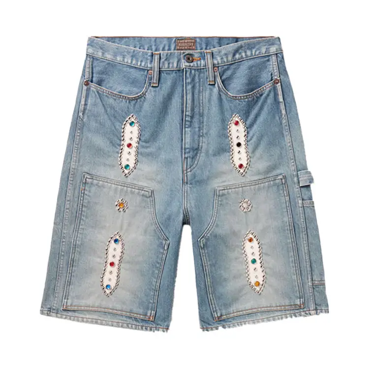 Wholesale Custom double knee shorts baggy Metal Stud Gem Men jeans Shorts Fashion vintage Streetwear denim shorts men USA 2024