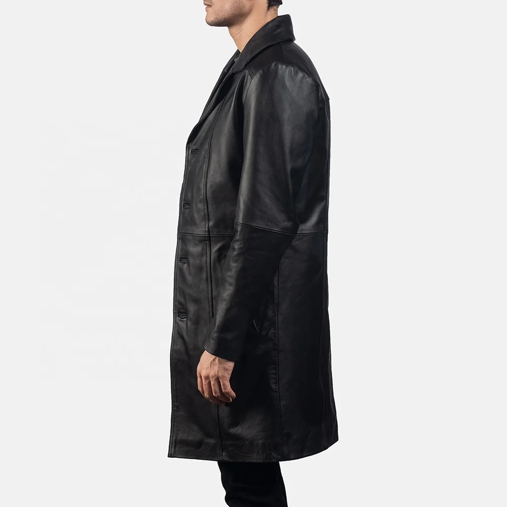 New Long Jet Black Leather Coats Fully customized With Front Style Double-breasted Buttons Belt Collar Style Shirt Center Back V