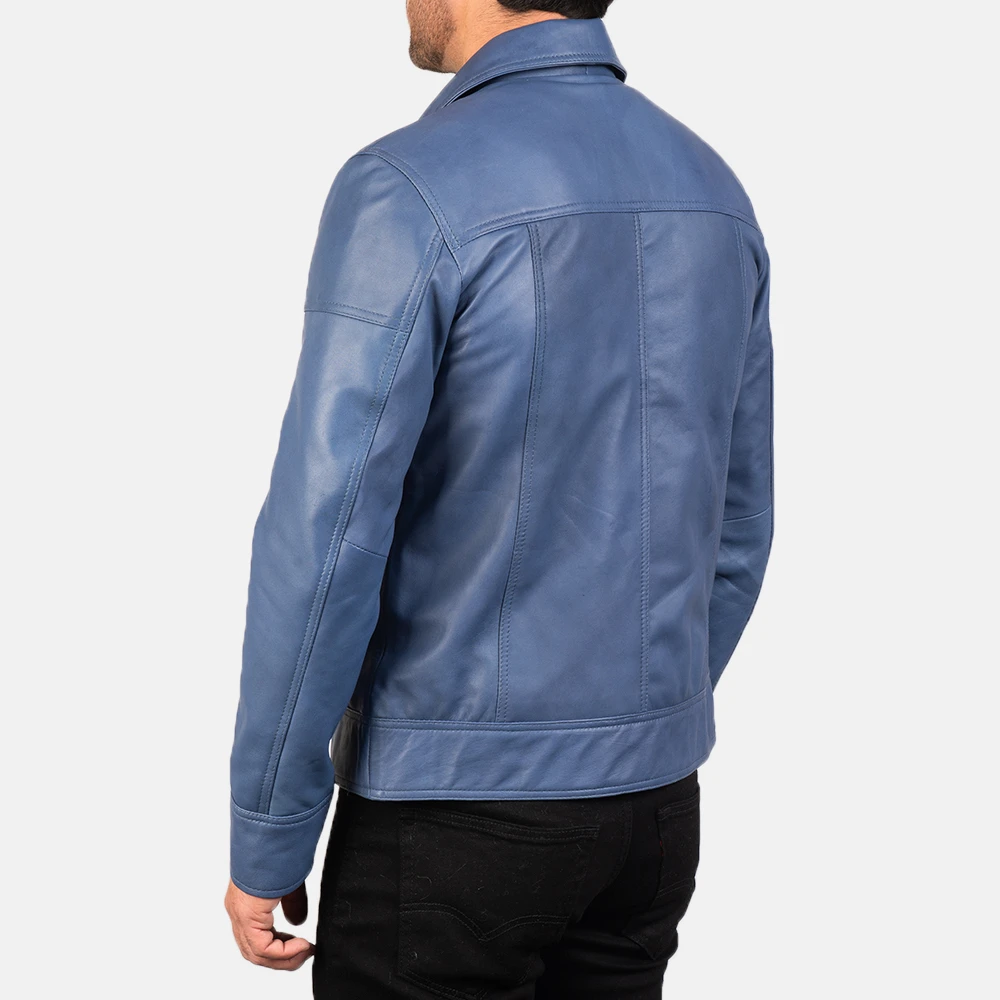 Real Leather Sheepskin Aniline Zipper Blue Men leather Jacket with Viscose Lining and Inside Outside Pockets highly breathable