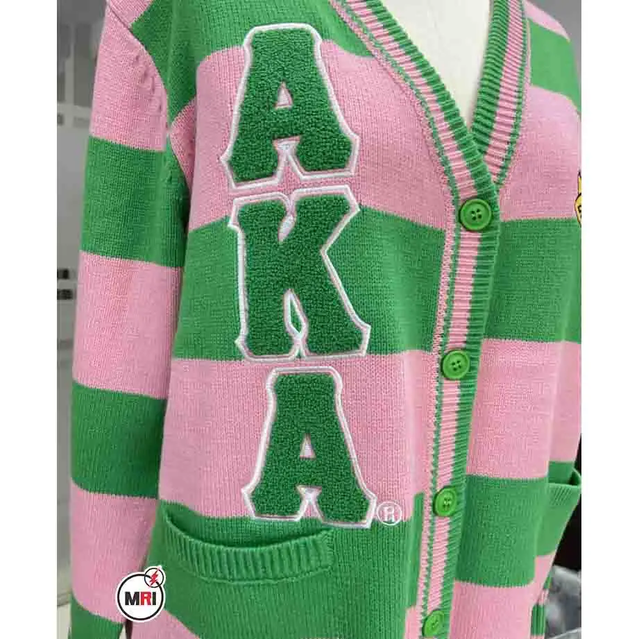 Breathable customized AKA women sweater soror pink and green solid colors cardigan sustainable knitwear