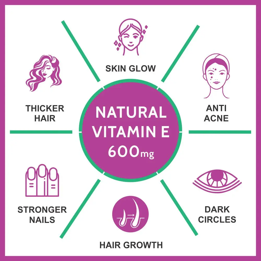 Vitamin E 600mg Capsules for Face and Hair | 100% Natural Vitamin E, Paraben Free- 60 Capsules