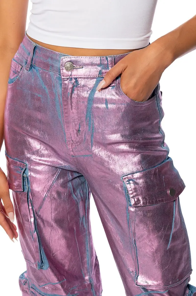 LA ISLA METALLIC CARGO JEANS IN PINK High Waisted Flap Pocket Cargo Jeans  Baggy Boyfriend Trousers pants for women