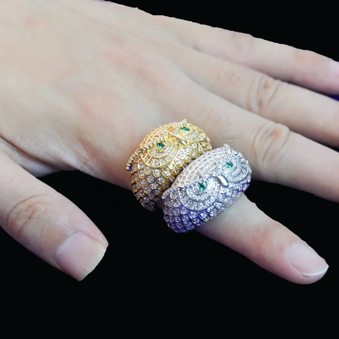 Owl Edition Design Awarded Iced Out Ring Hip Hop Jewelry Unisex Sizes Ring Base 18k Gold Plated 2 Mircons Baguett
