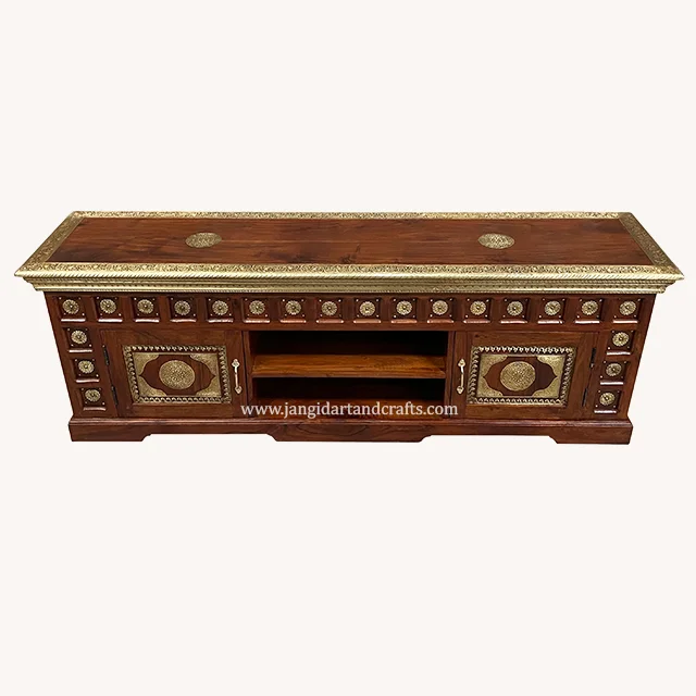 Farmhouse Vintage Wooden Console Cabinet Brass Inlay Metal Wood Decoration Modern TV Unit Cabinet Living Room TV Stand Furniture