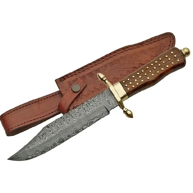 Handmade Damascus steel hunting Knife with rose wood Handle on brass work and fine leather sheath Viking knife outdoor knife