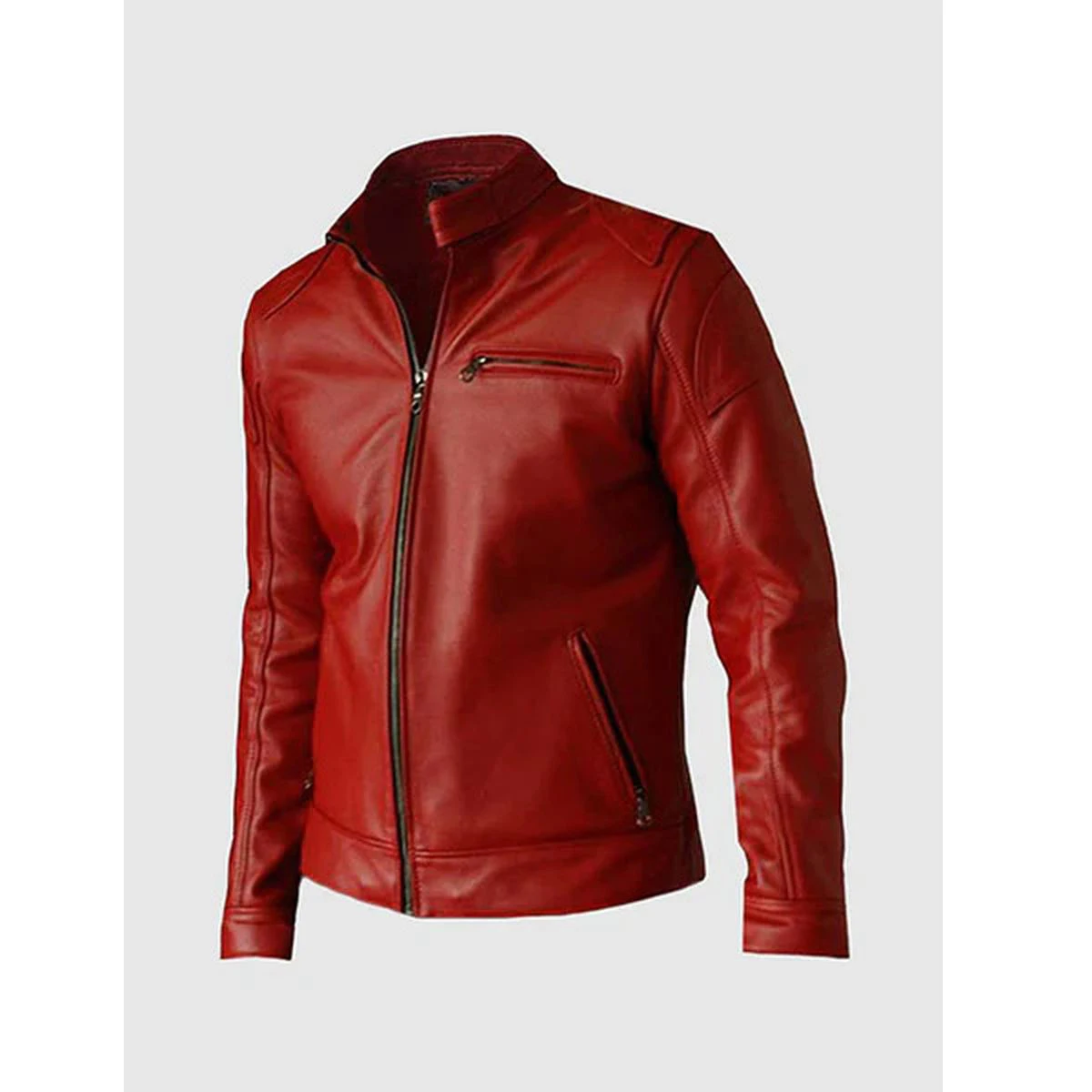 Gents burgundy color leather jacket for men with collarless softshell beautiful finishing jackets