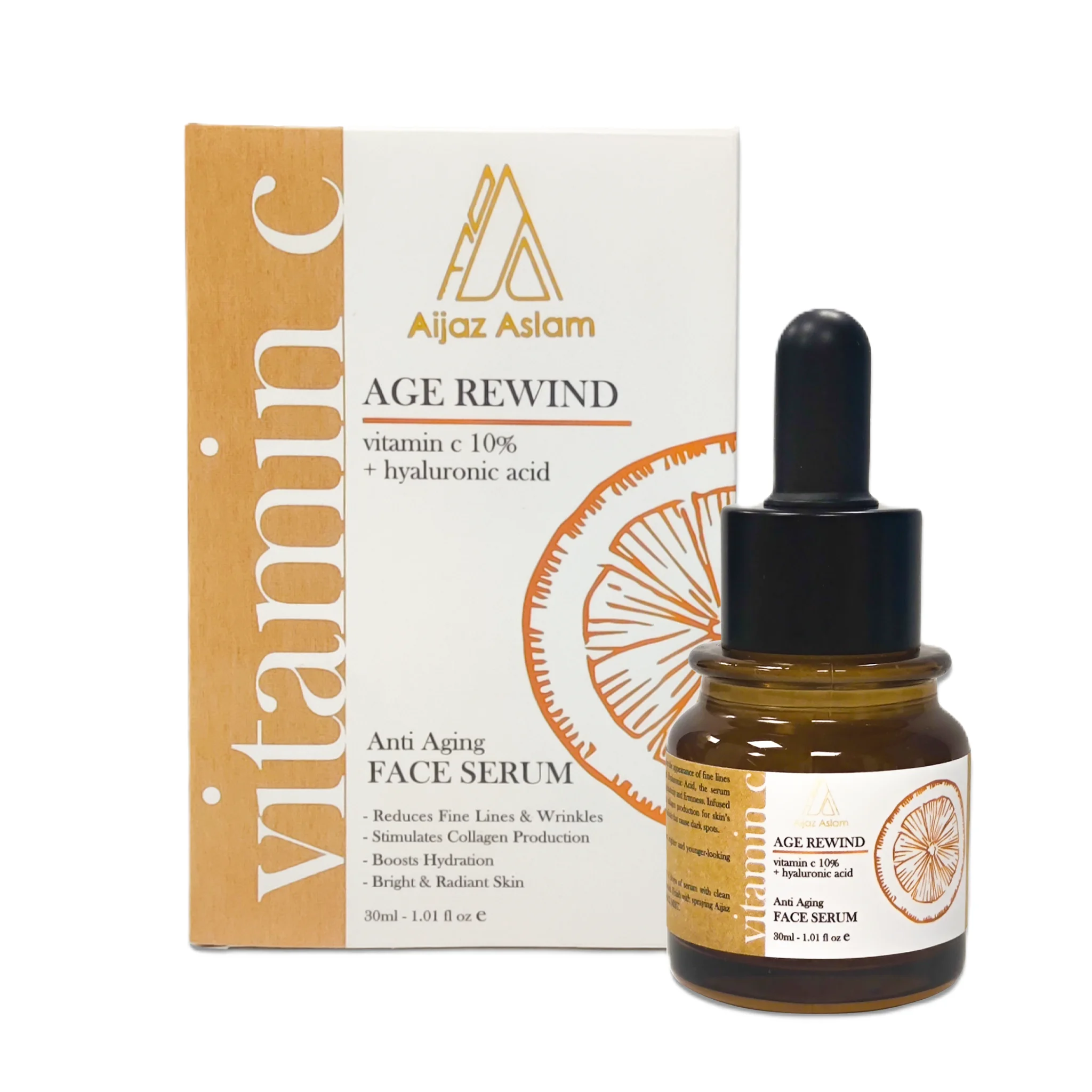 Natural Anti-Wrinkle, AGE REWIND Anti-Aging Face Serum 30ml, with 10% Vitamin C + Hyaluronic Acid + Vitamin E, Radiant Glow Skin