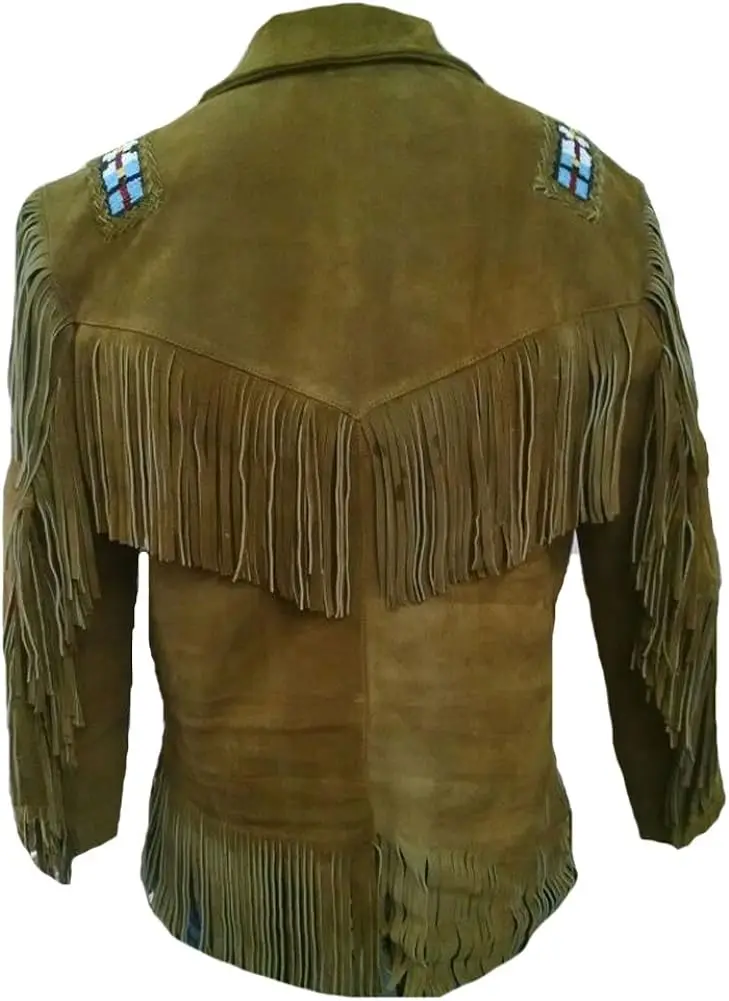 100% Genuine Cow Suede Leather Warrior Western Style Indian Style American Style fringed & Beaded Leather Shirt For Men 2024