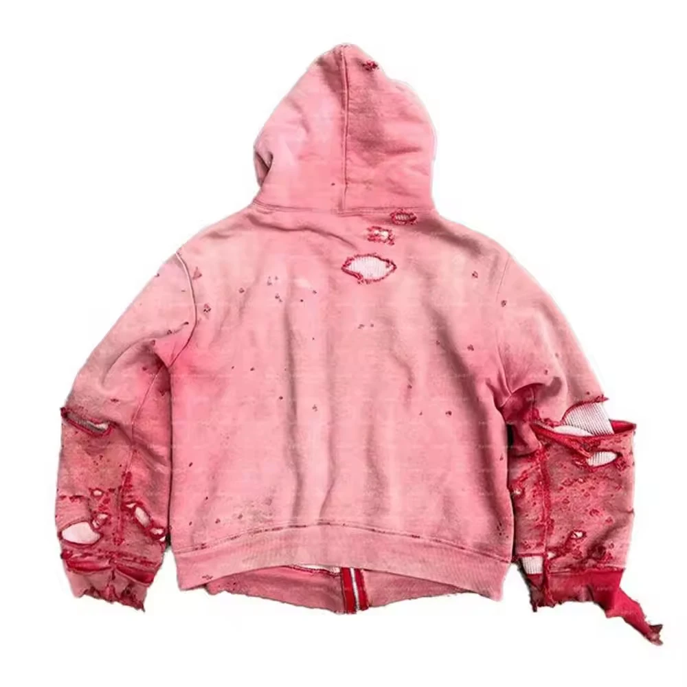 Premium Streetwear Custom Heavy Hoodie Made Custom Ripped Cotton Sun Faded Vintage Zipper Double Pickled Hoodie For Men