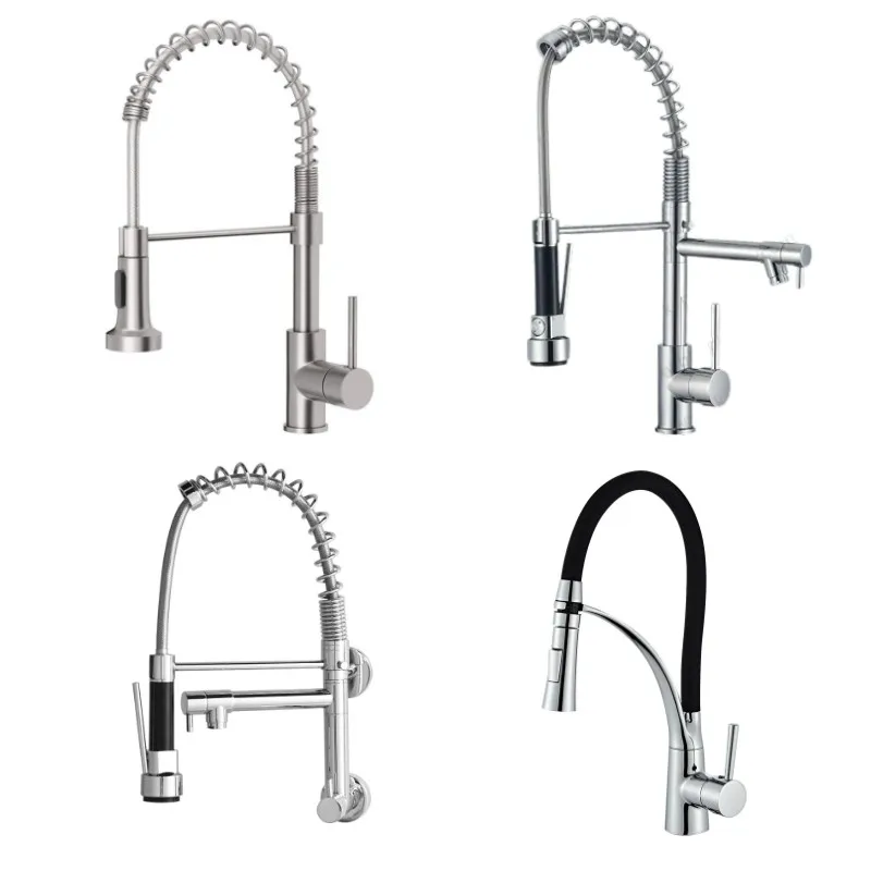 Wall Mounted with Spring-Pull Out Single Handle Design Polished Faucet Mixer Modern 304 Stainless Steel Kitchen Faucet