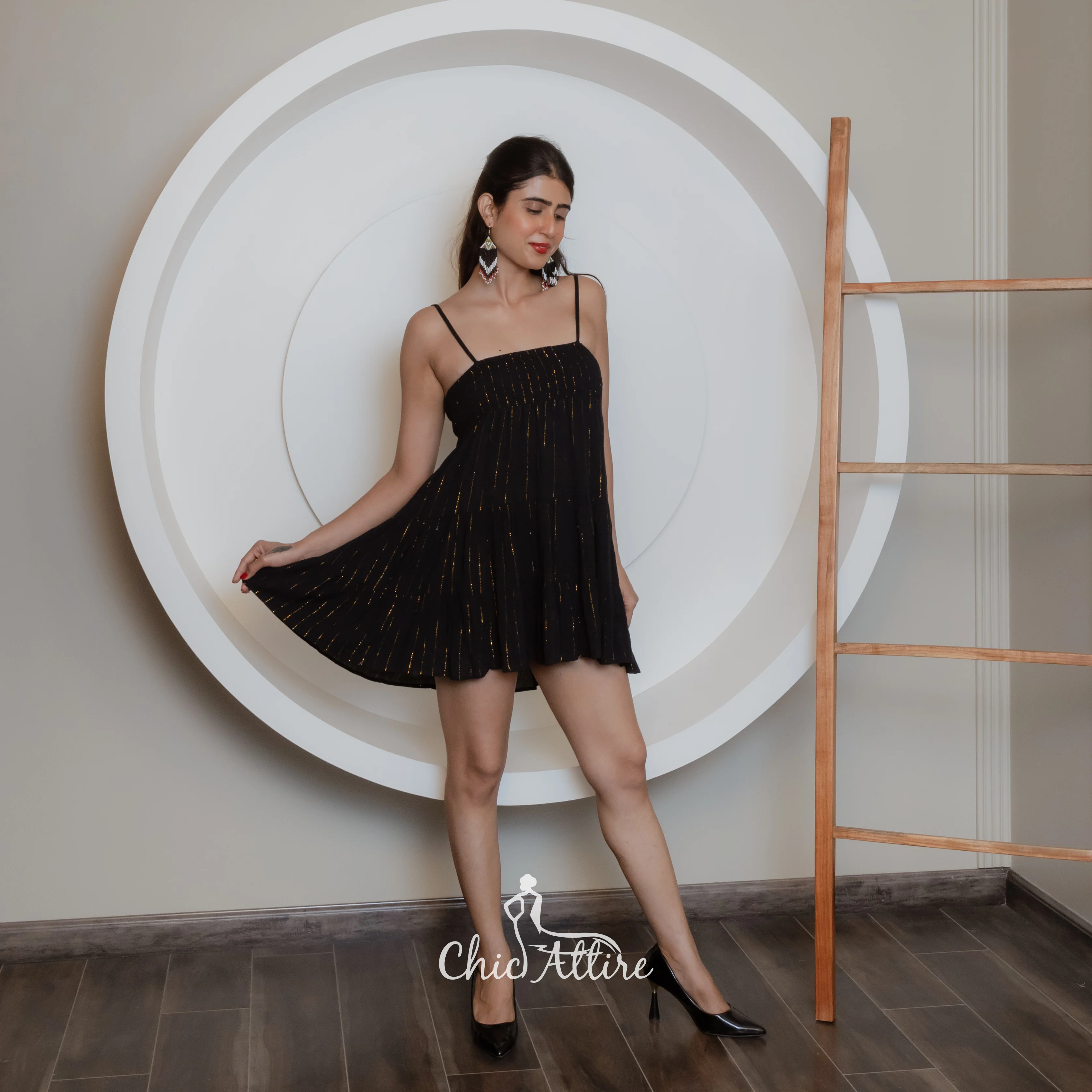 Western Midnight Sparkle Sleeveless Pleated Mini Dress with Golden Shimmer Accents Perfect for Cocktail Parties & Evening Events