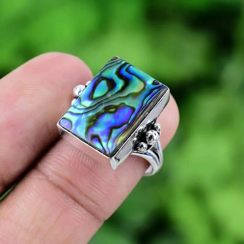 925 Sterling Silver Handmade Gemstone Abalone Shell Spinner Ring 925 Stamp Sterling Silver Ring High Quality Wedding Gift