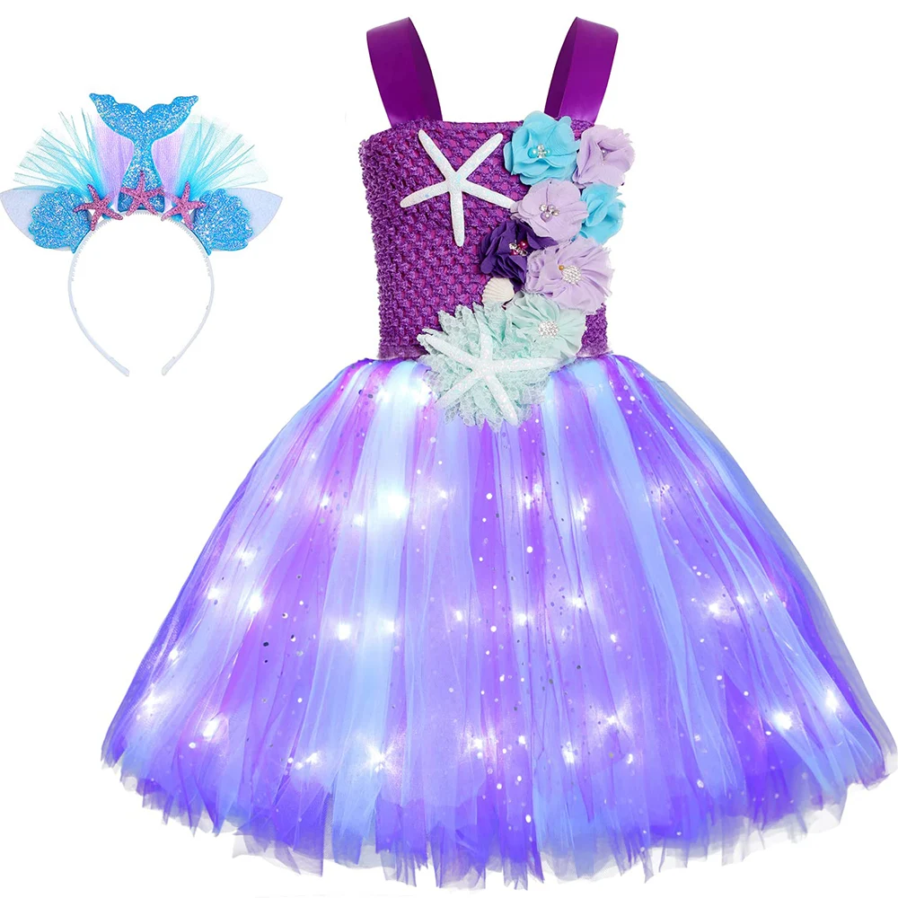Ouheng Girls Mermaid Costume Mermaid Tutu Dress Color Led Light Up for Halloween Birthday Party 3-8Years