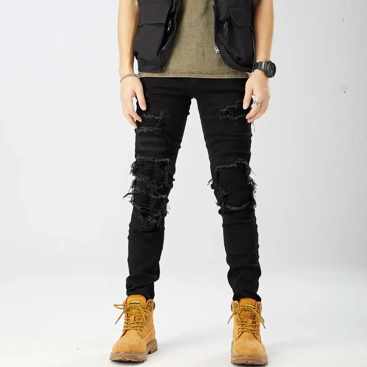 2024 New Hot-Selling Boys Ripped Path Denim Jeans Damaged Spray Paint Male Pants For Dropshipping