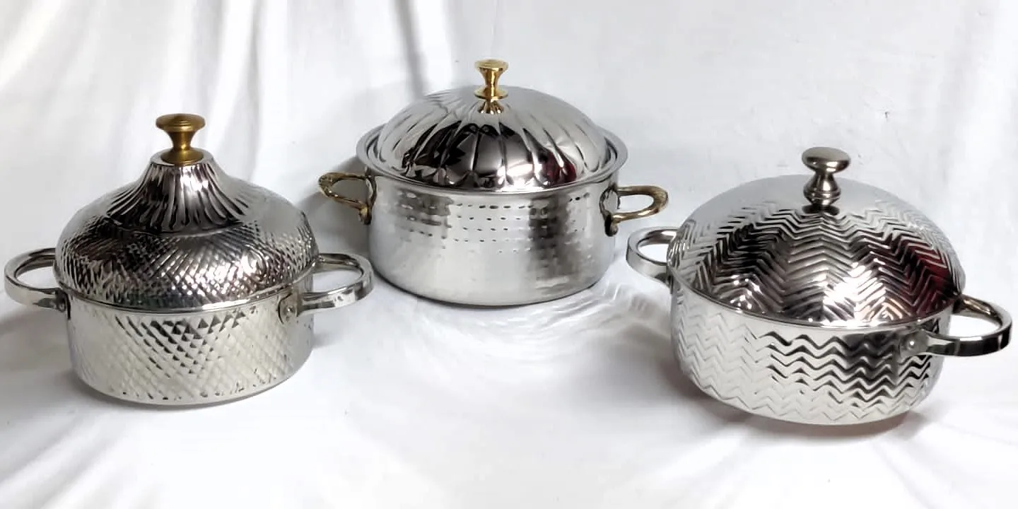 High Quality Hot Pot Used as Food Warmers in Silver And Gold Color available in multiple volumes starting from Half Litre