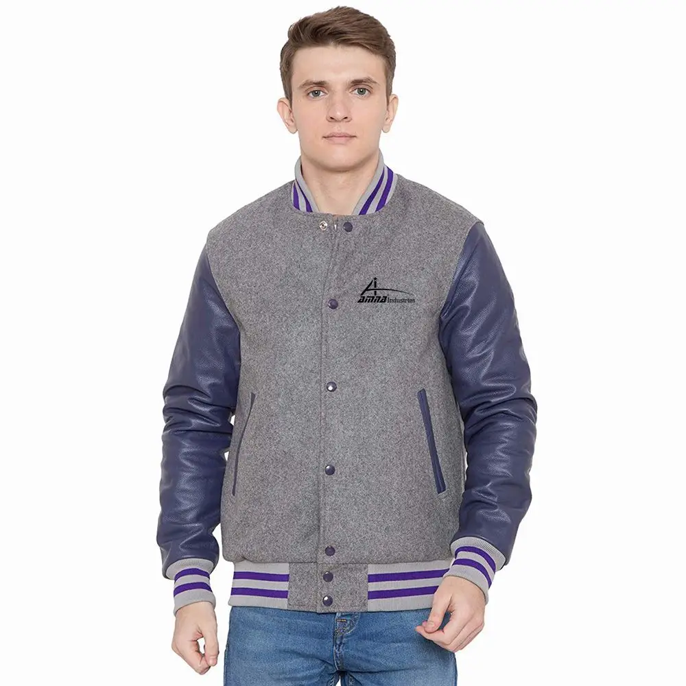 Top Selling Varsity Jackets For Men In Grey Color Fleece / Wool Made Warm Winter Jackets With Leather Sleeves