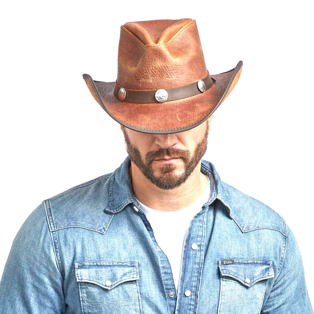 Real Leather Cowboy Hats Light Brown Western Style Cowboy Cattleman Hat custom Size Western Leather Hat For Men
