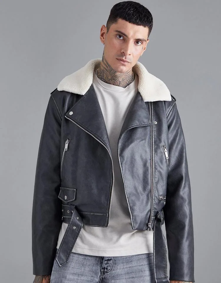 New Grey Boxy Fit Washed Original Sheepskin Leather Biker Jacket for Men with Borg Collar Made by Huzaifa Products.