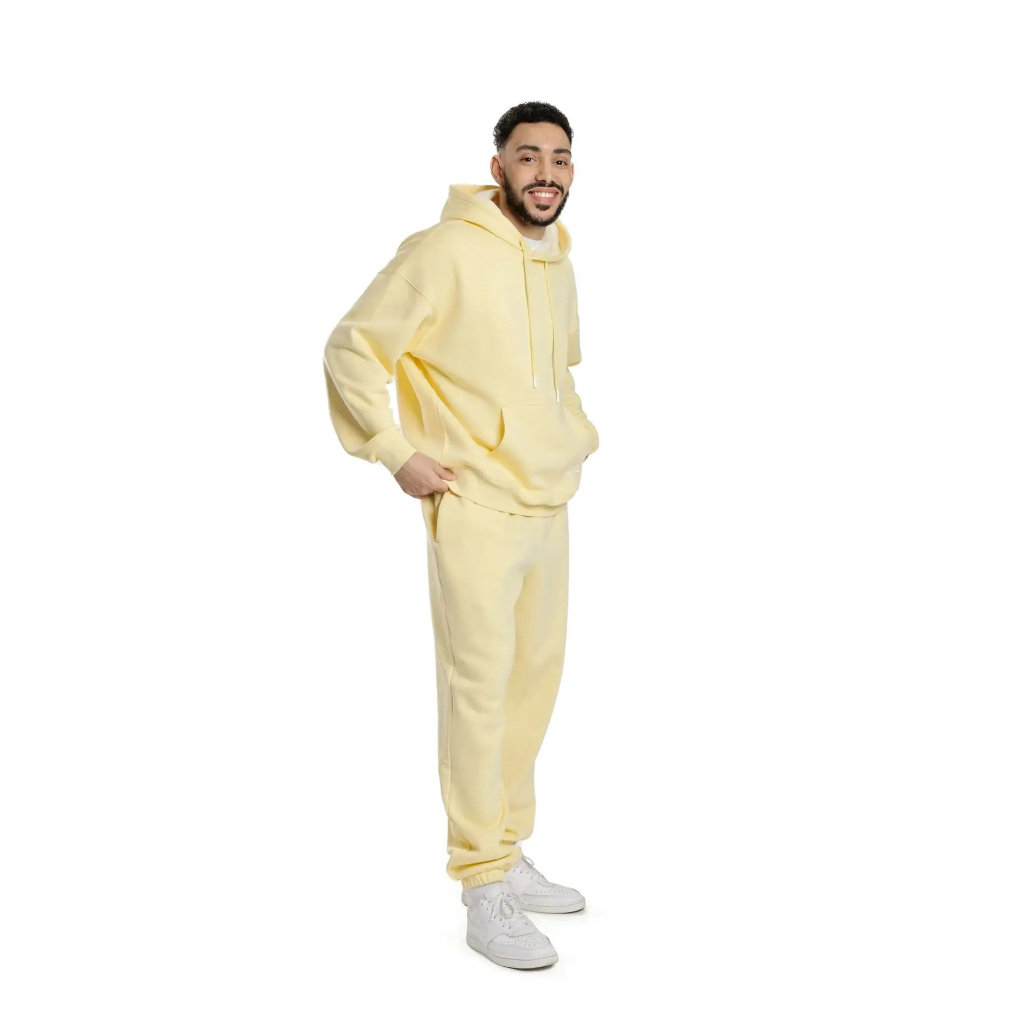 60% Cotton 40% Polyester Mens Premium Fleece Relaxed Sweatsuit Set in Banana Yellow with Pockets and Soft Brushed Inside